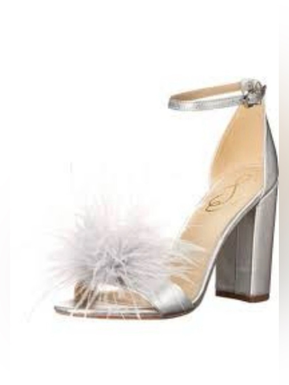 New SAM EDELMAN Yaro Silver Feather & Leather Sandals 4" Block Heel 8.5